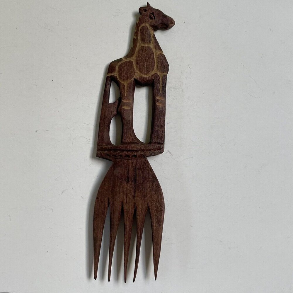 Wooden Carved Fork Giraffe Handle Serving Salad Home Decor Vintage Kitchen